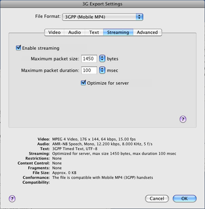 PcP Encodings - 3GPP (Mobile MP4) Server - Streaming Settings